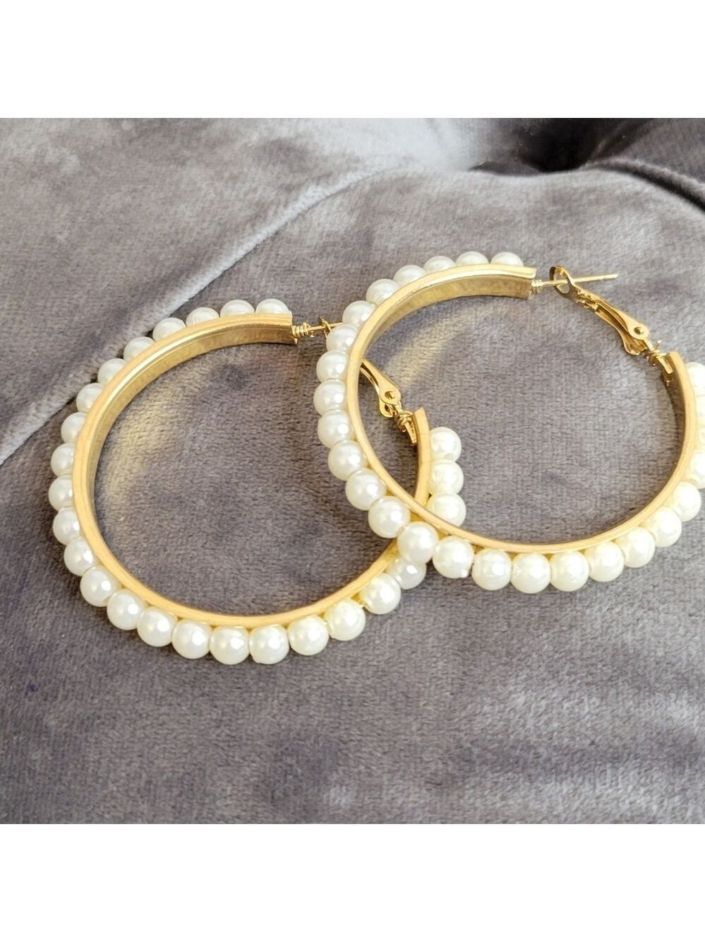Gold Color Hoop Earrings with Ivory Beads